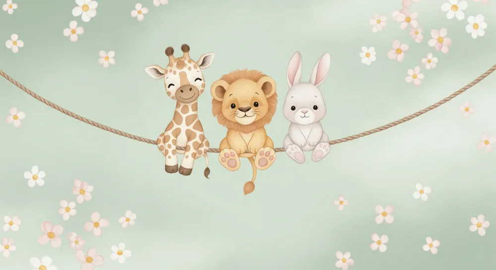 Papel de parede quarto bebê | Cute animals on rope and daisies