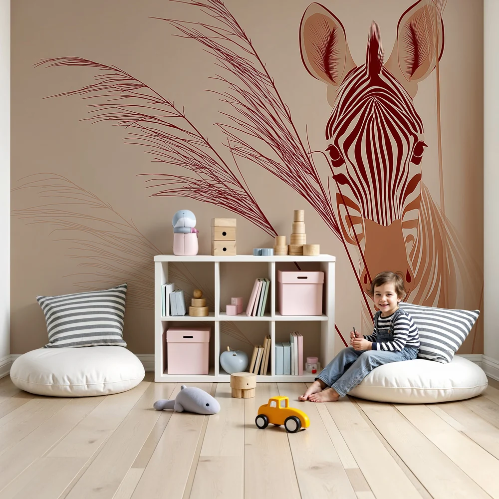 Papel de parede quarto bebê | Delicada abordagem de uma zebra e ervas suaves