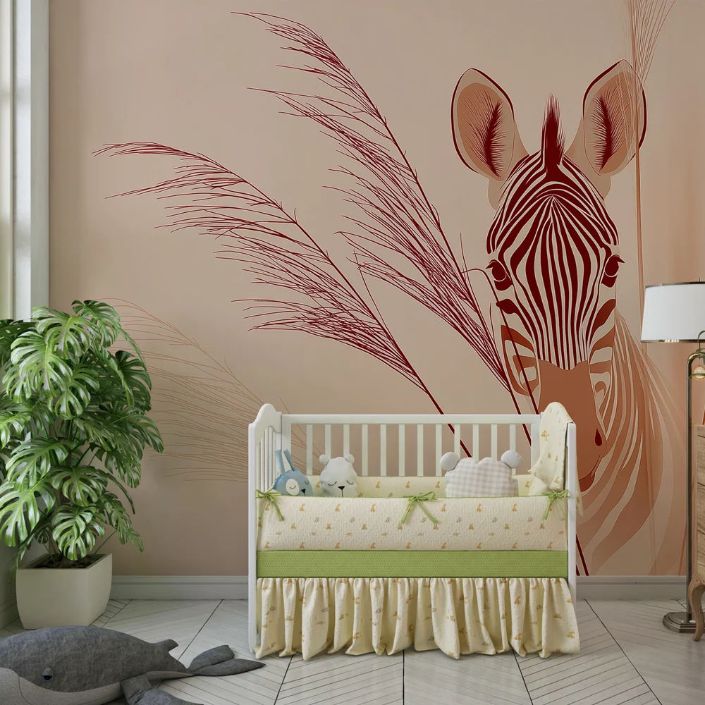 Papel de parede quarto bebê | Delicada abordagem de uma zebra e ervas suaves