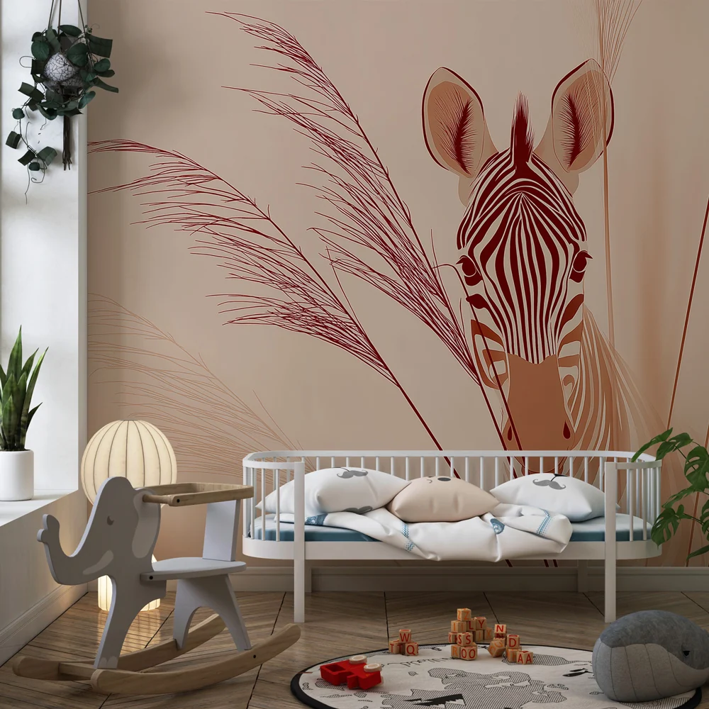 Papel de parede quarto bebê | Delicada abordagem de uma zebra e ervas suaves
