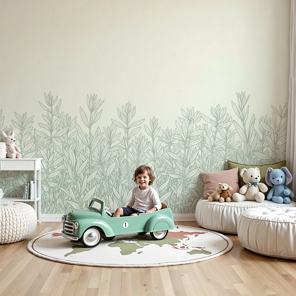Papel de parede quarto bebê | Delicada folhagem em fundo suave