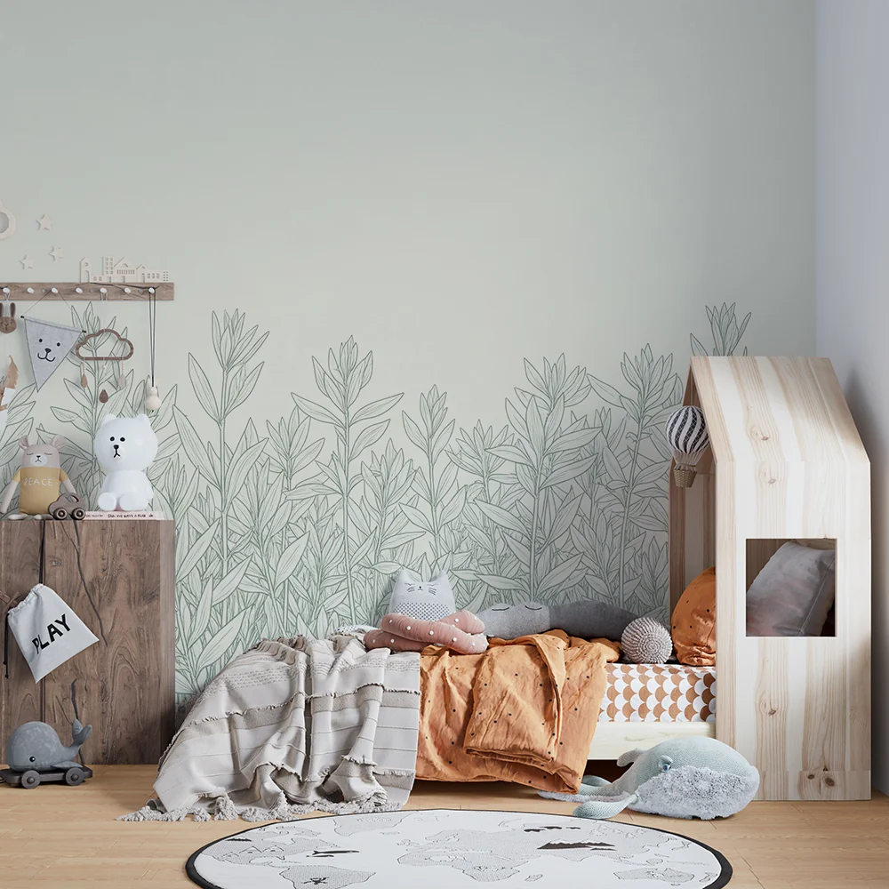 Papel de parede quarto bebê | Delicada folhagem em fundo suave