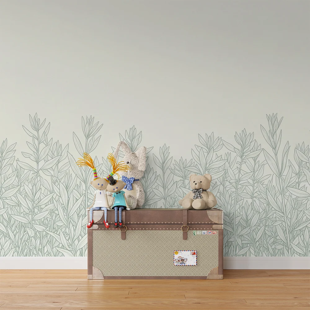 Papel de parede quarto bebê | Delicada folhagem em fundo suave