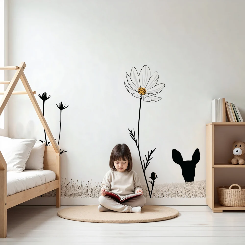 Papel de parede quarto bebê | Delicado veado e flores calmantes
