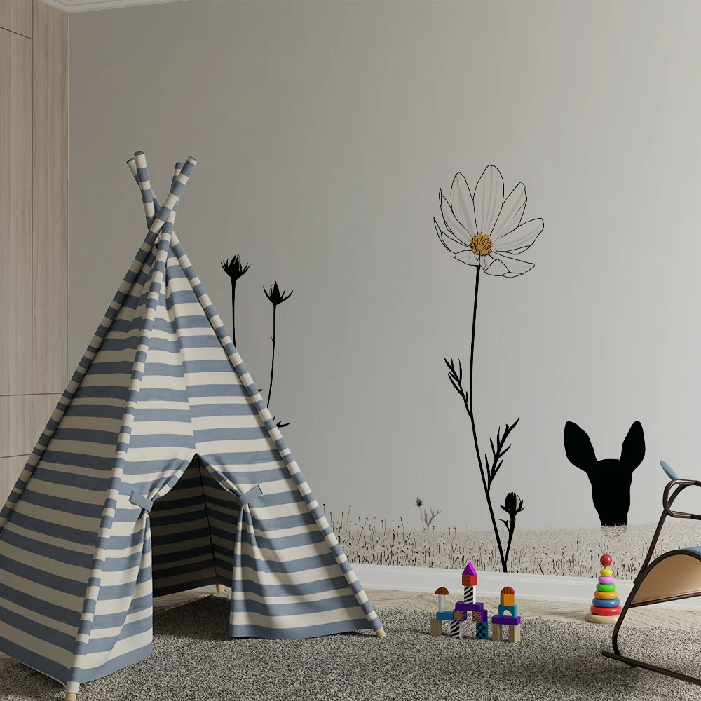 Papel de parede quarto bebê | Delicado veado e flores calmantes