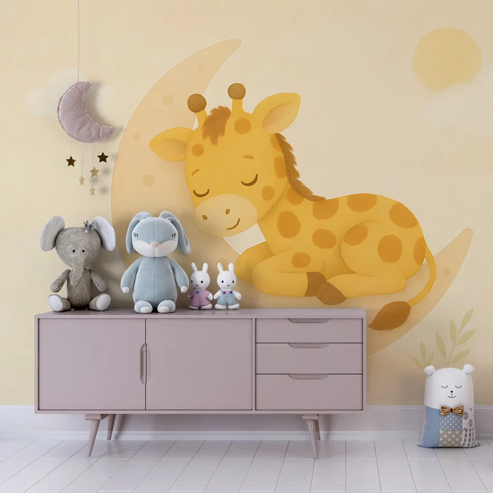 Papel de parede quarto bebê | Doce girafa em um crescente de lua