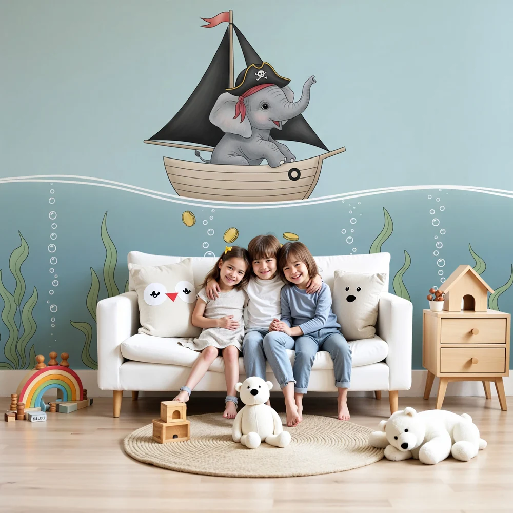 Papel de parede quarto bebê | Elefante pirata nos mares
