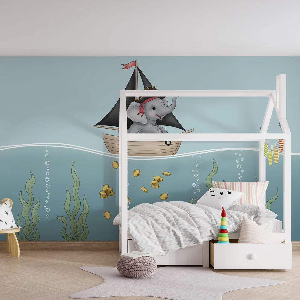 Papel de parede quarto bebê | Elefante pirata nos mares