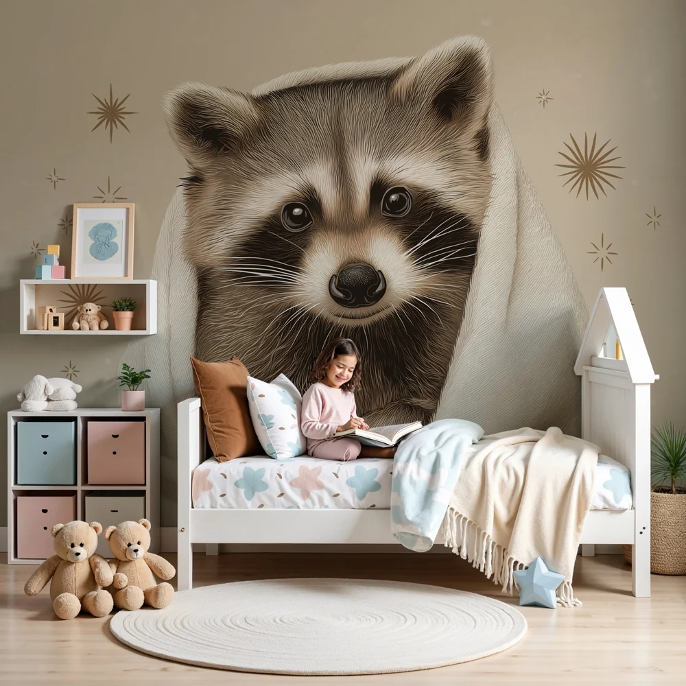 Papel de parede quarto bebê | Encantador guaxinim embrulhado