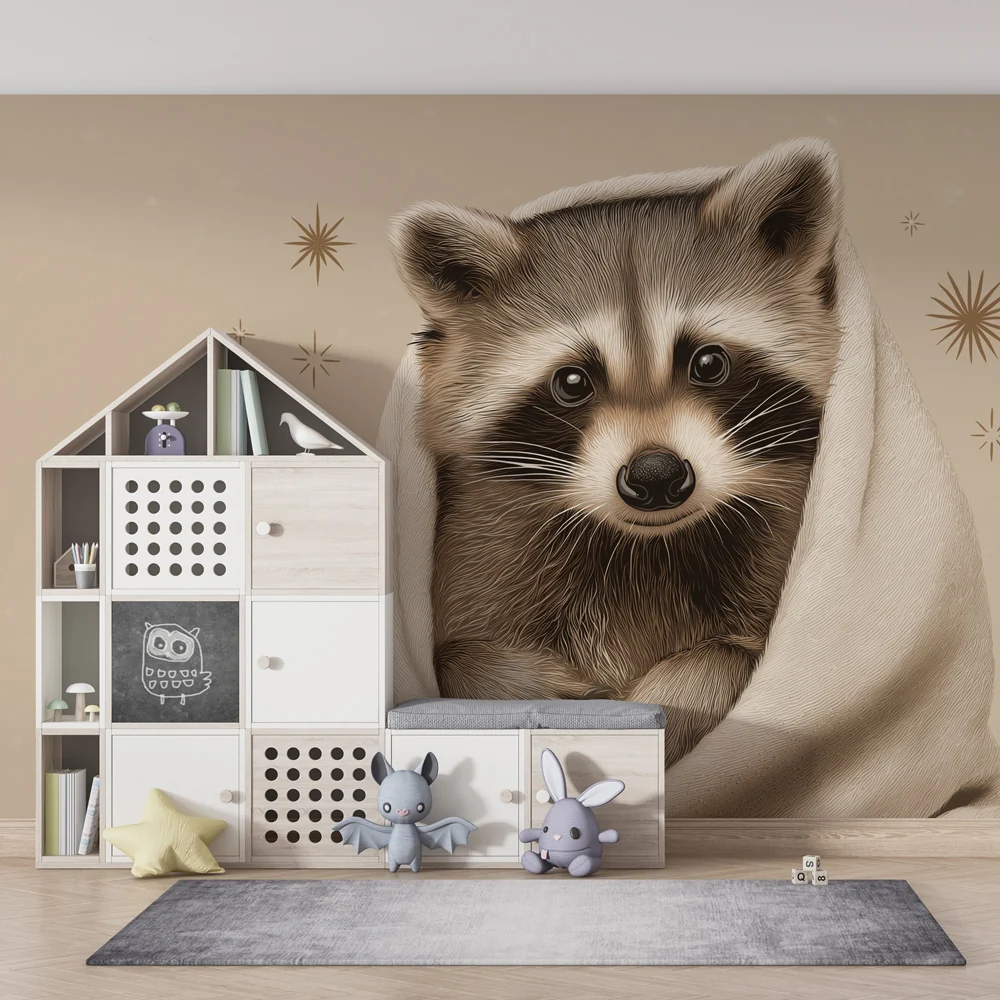 Papel de parede quarto bebê | Encantador guaxinim embrulhado