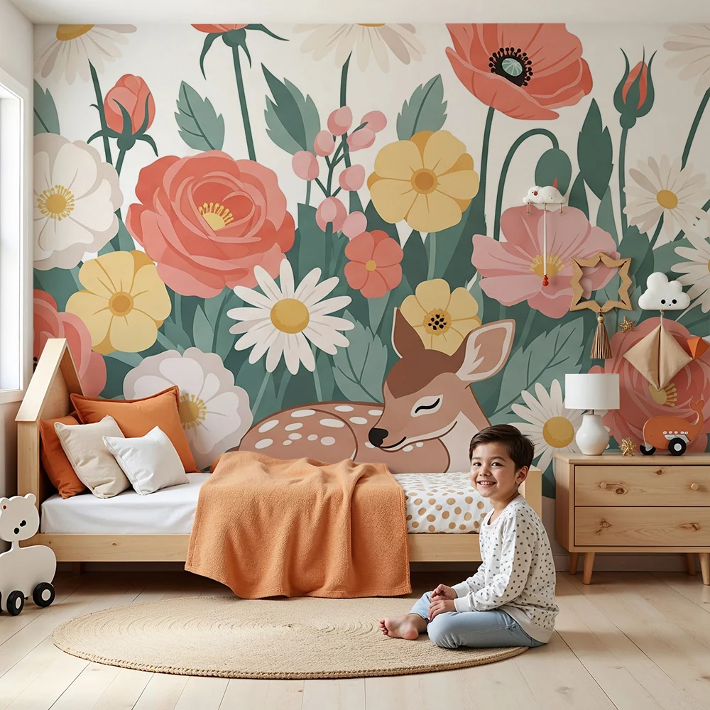 Papel de parede quarto bebê | Encantador veado entre as flores