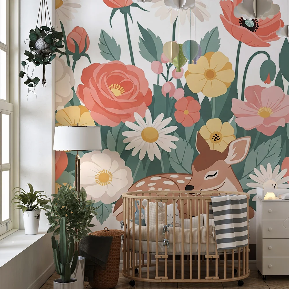 Papel de parede quarto bebê | Encantador veado entre as flores