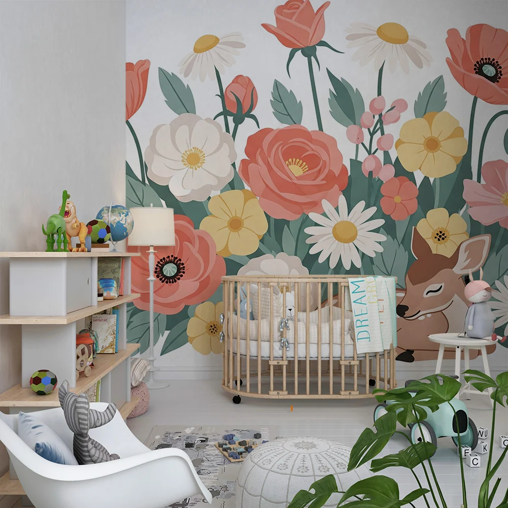 Papel de parede quarto bebê | Encantador veado entre as flores