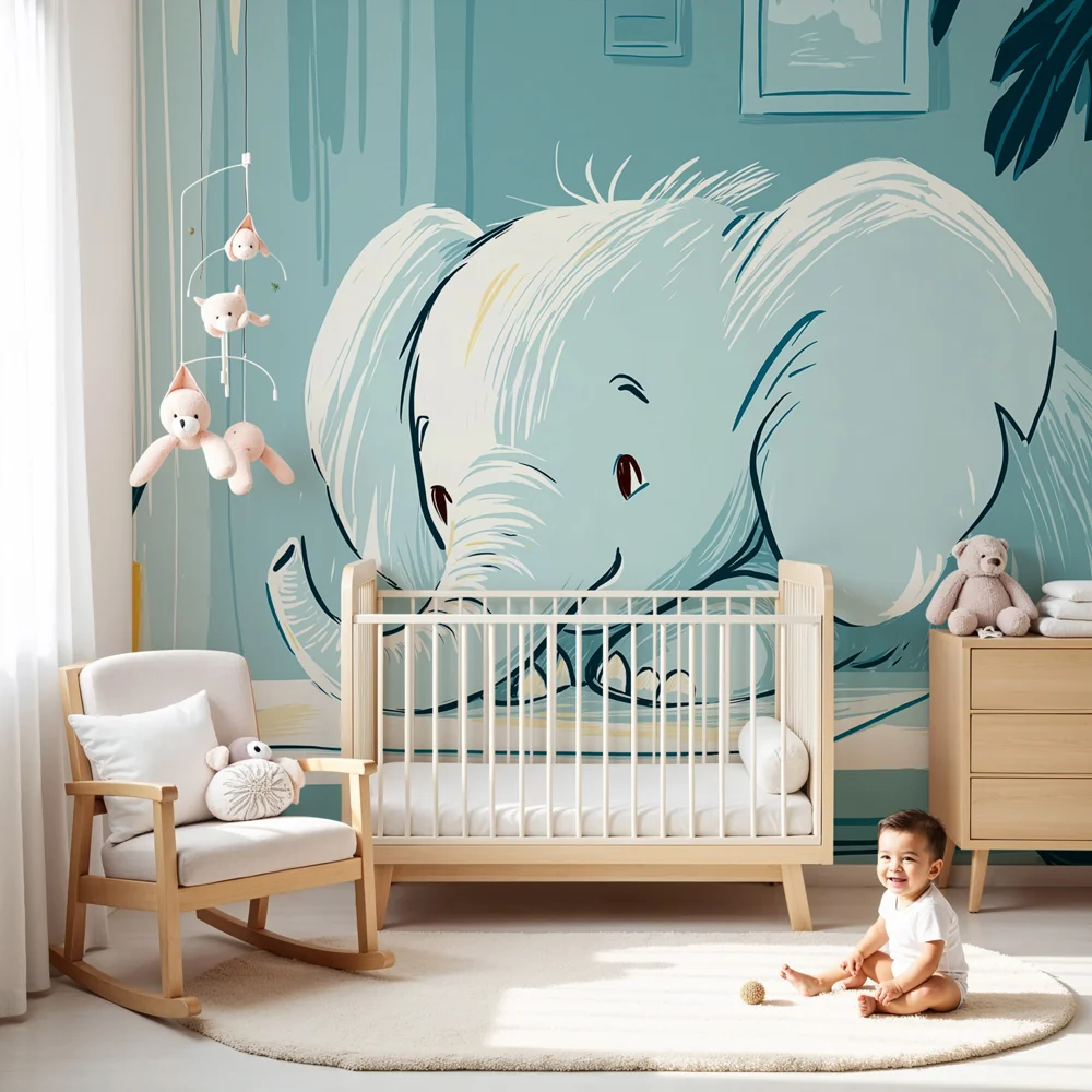 Papel de parede quarto bebê | Estudioso elefante em um espaço suave