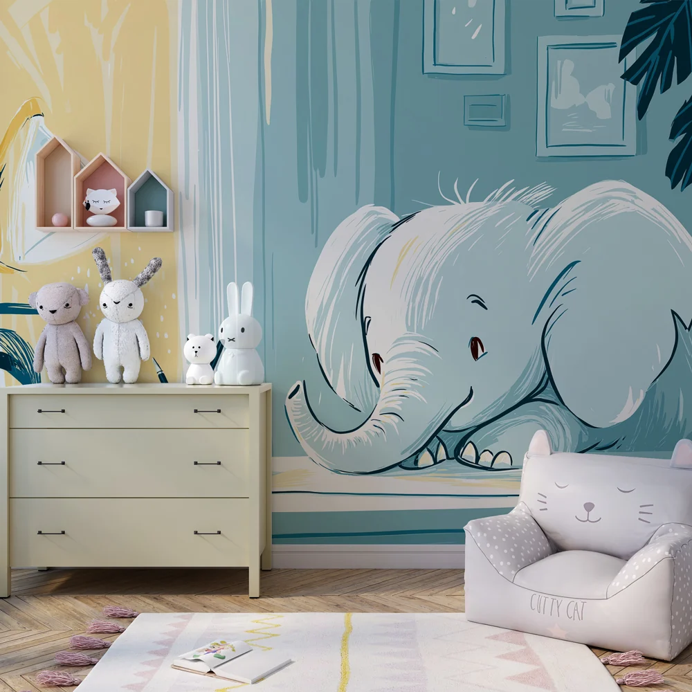 Papel de parede quarto bebê | Estudioso elefante em um espaço suave