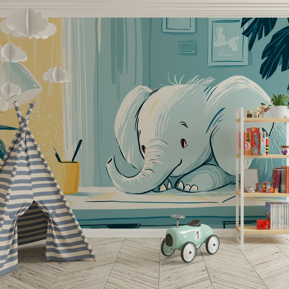 Papel de parede quarto bebê | Estudioso elefante em um espaço suave