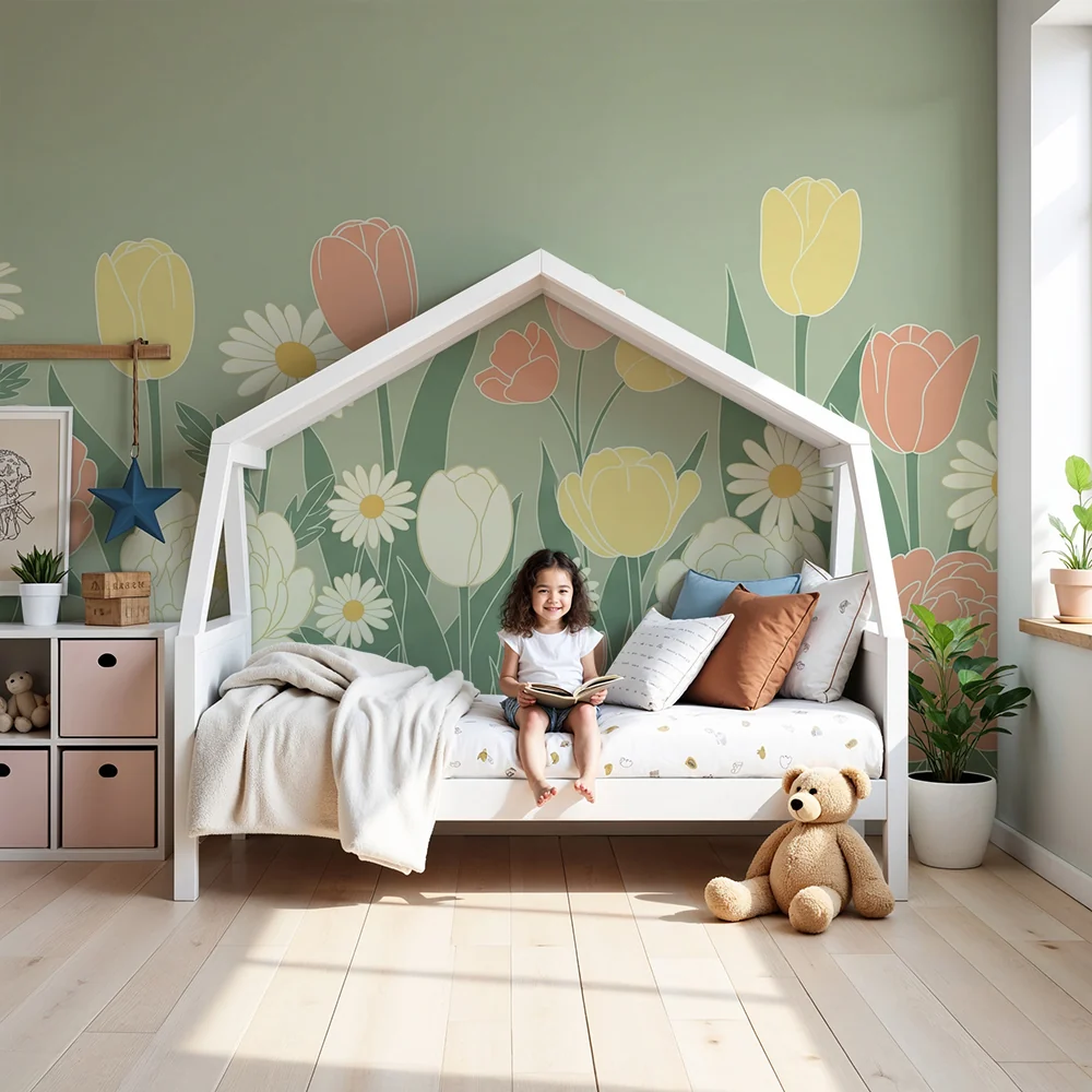 Papel de parede quarto bebê | Flores suaves e coelhos travessos