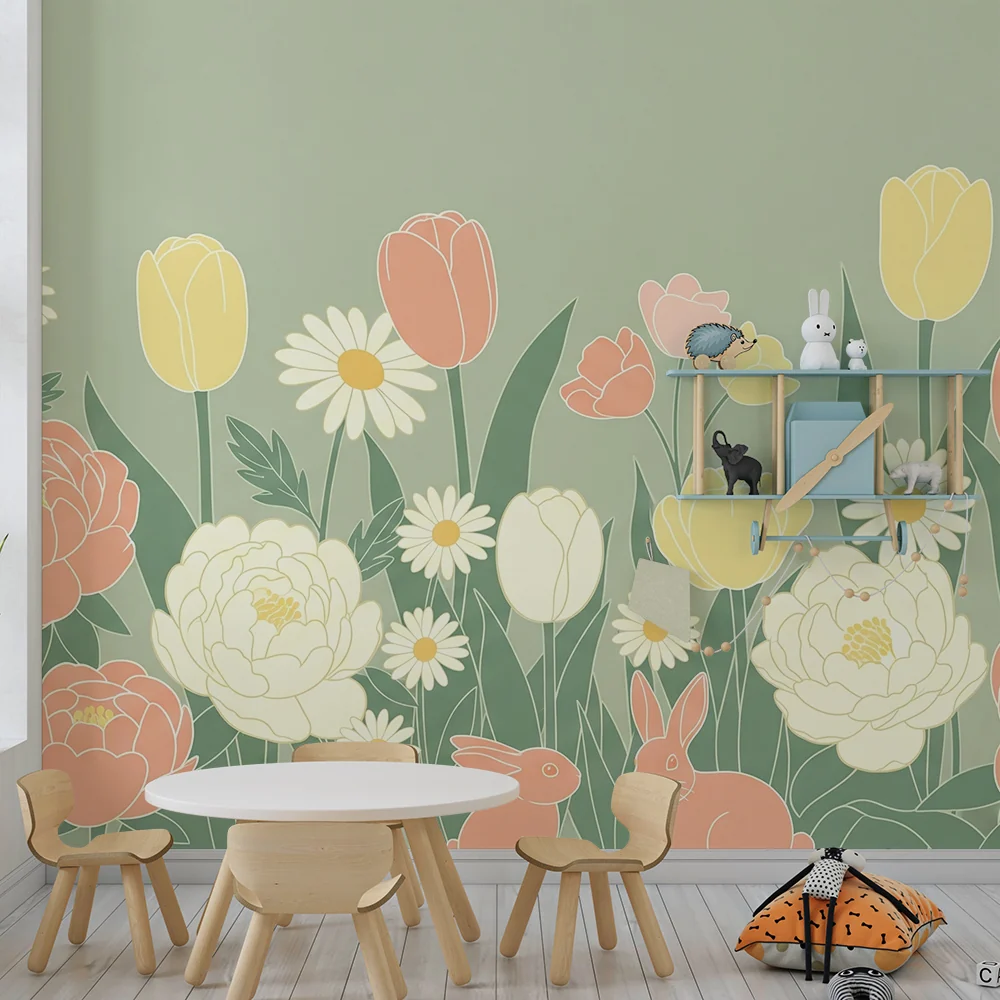Papel de parede quarto bebê | Flores suaves e coelhos travessos