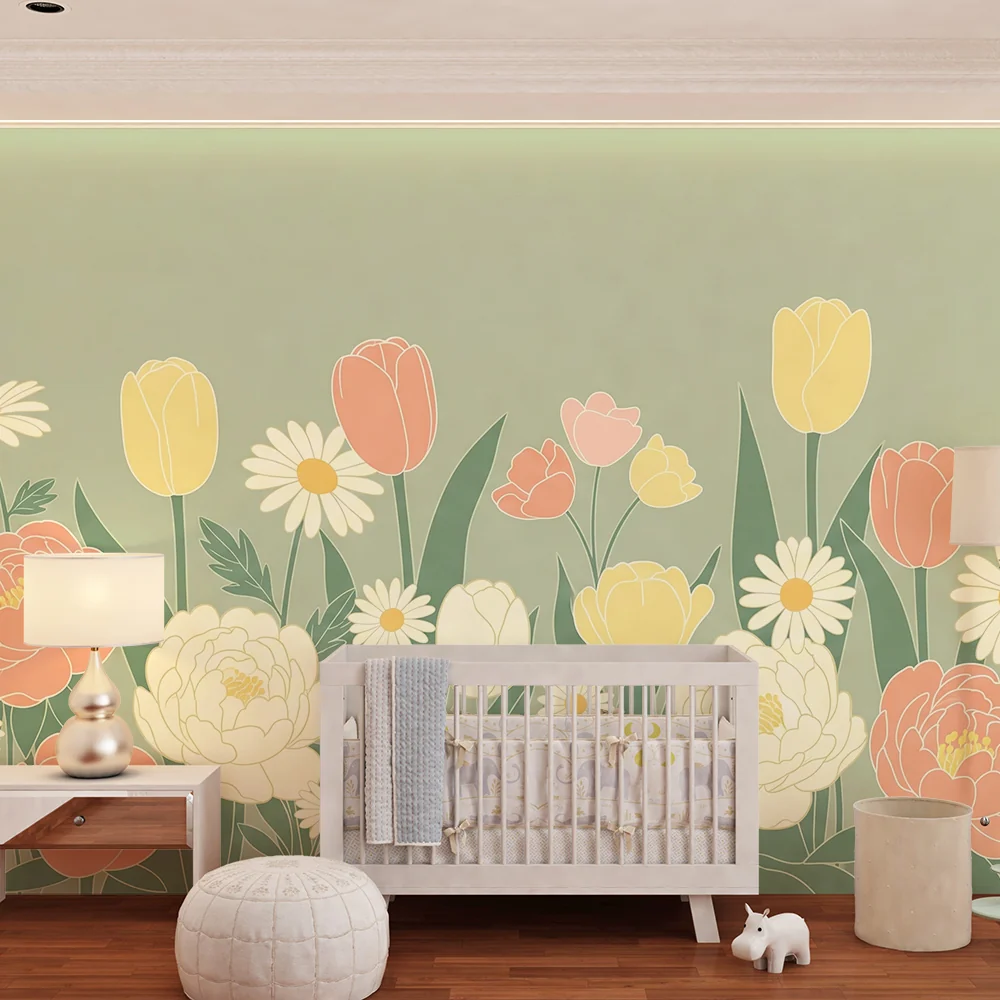 Papel de parede quarto bebê | Flores suaves e coelhos travessos