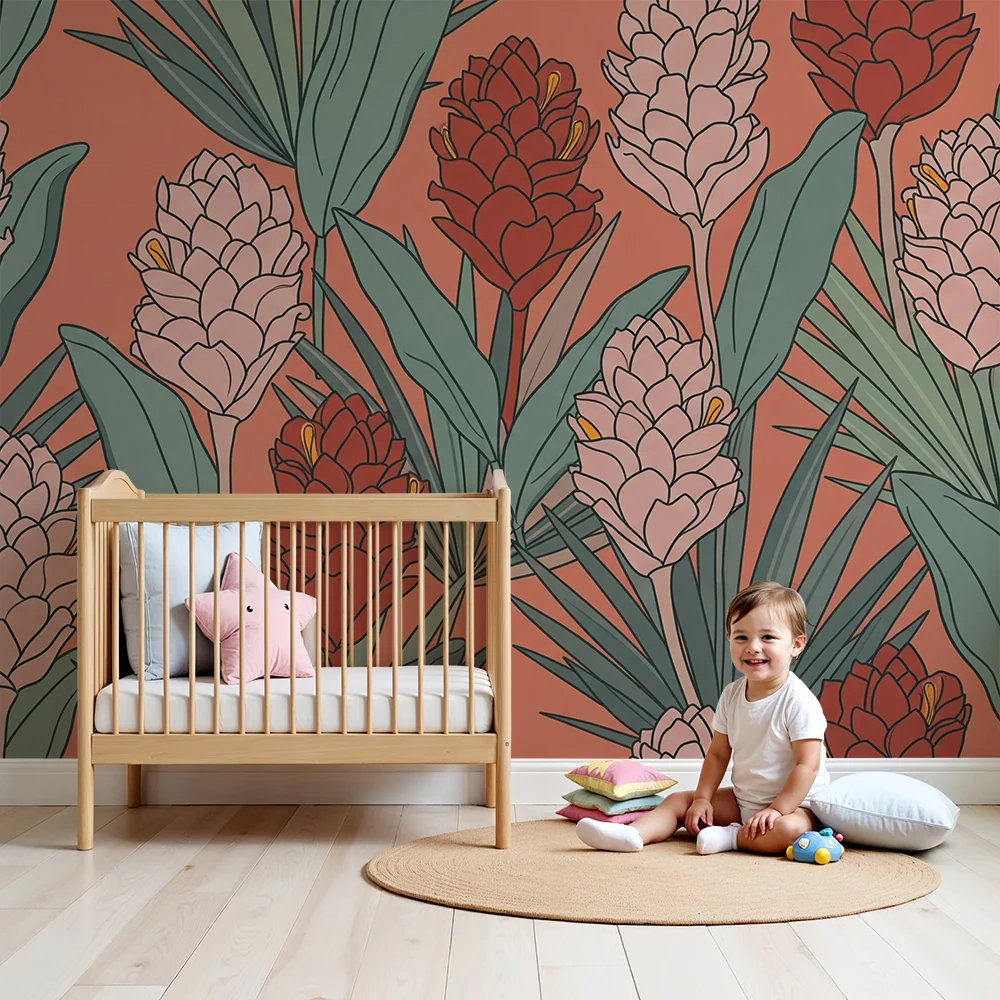 Papel de parede quarto bebê | Flores tropicais em fundo coral com folhagem exuberante