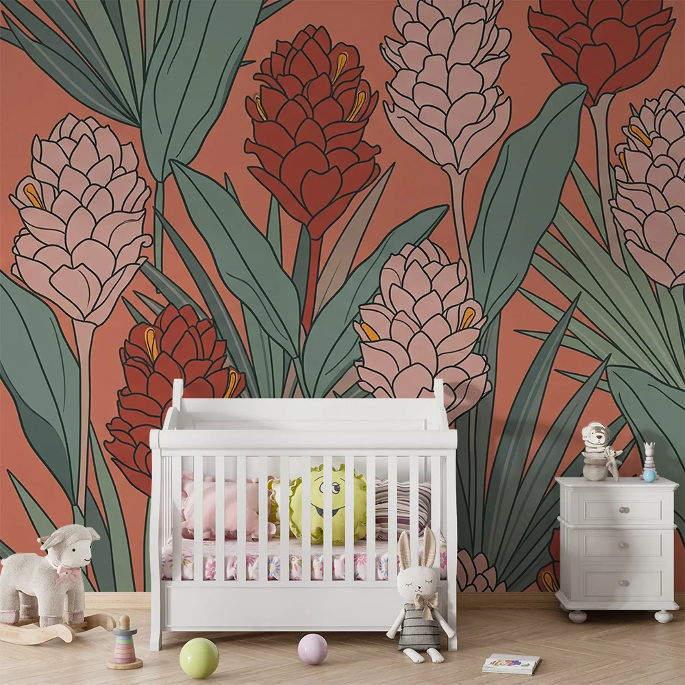 Papel de parede quarto bebê | Flores tropicais em fundo coral com folhagem exuberante