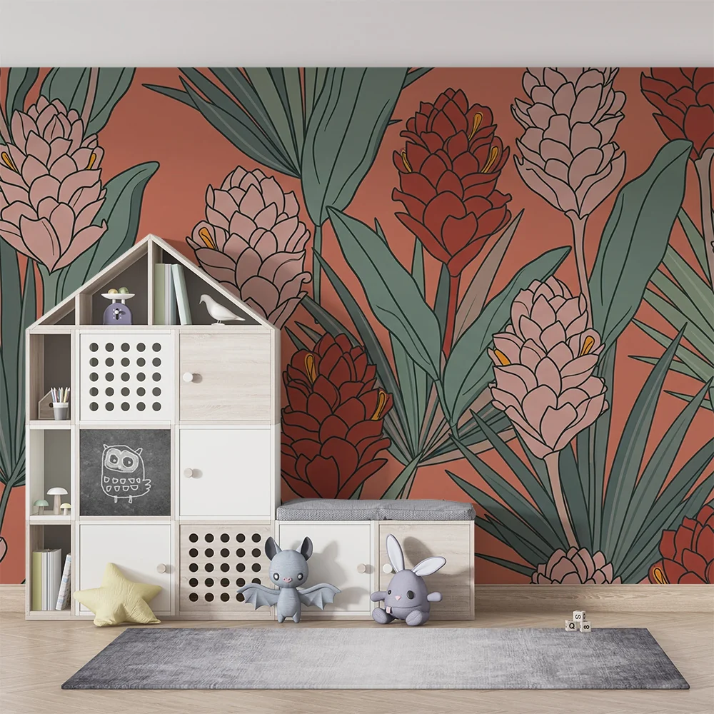 Papel de parede quarto bebê | Flores tropicais em fundo coral com folhagem exuberante