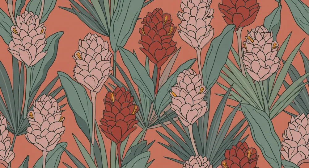 Papel de parede quarto bebê | Flores tropicais em fundo coral com folhagem exuberante