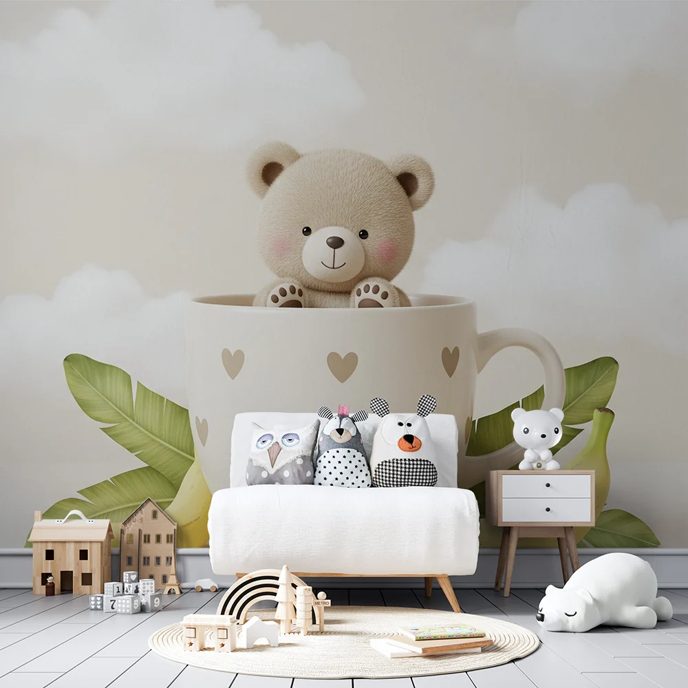 Papel de parede quarto bebê | Fofo ursinho em uma xícara