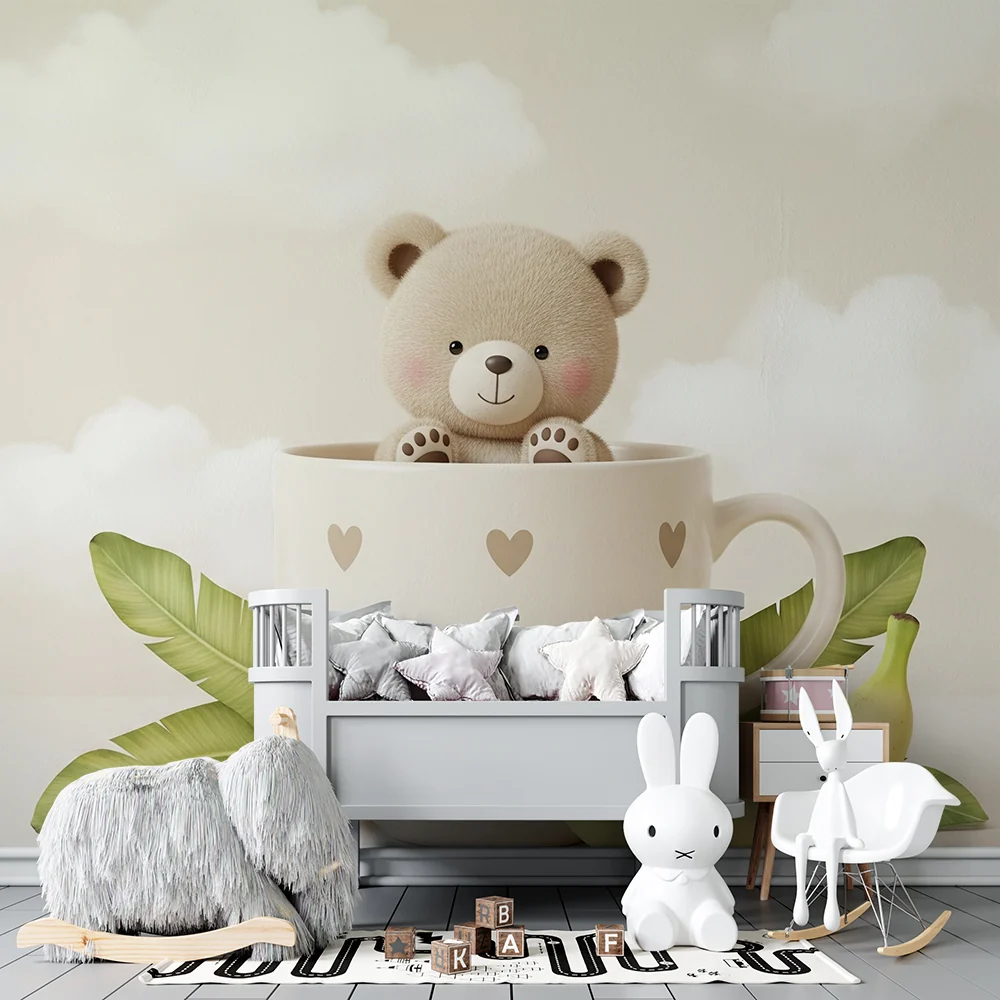Papel de parede quarto bebê | Fofo ursinho em uma xícara