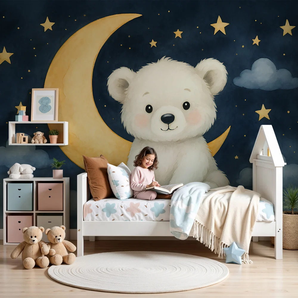 Papel de parede quarto bebê | Fofo ursinho sob as estrelas