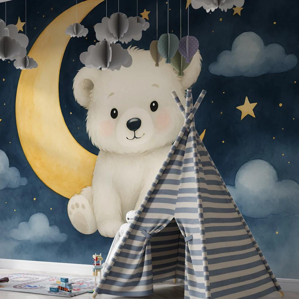 Papel de parede quarto bebê | Fofo ursinho sob as estrelas