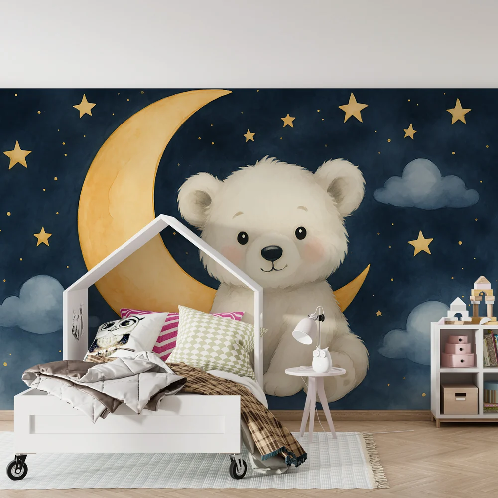 Papel de parede quarto bebê | Fofo ursinho sob as estrelas