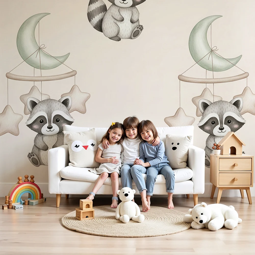 Papel de parede quarto bebê | Guaxinim e móvel estrelado