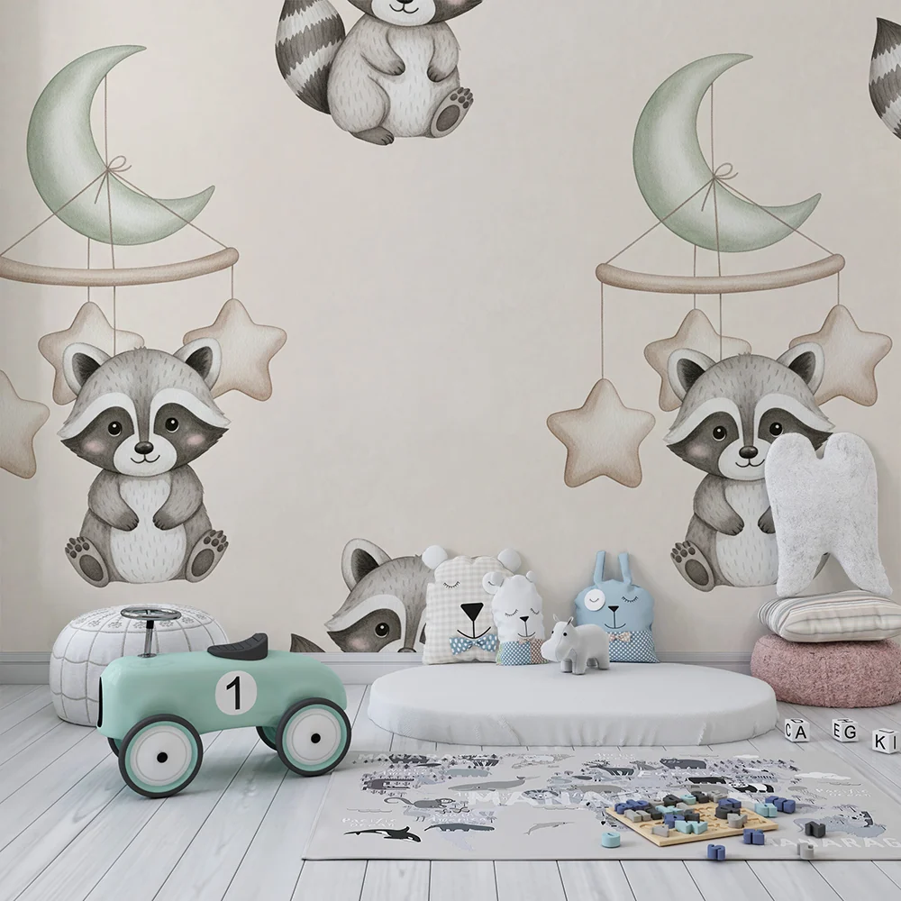 Papel de parede quarto bebê | Guaxinim e móvel estrelado