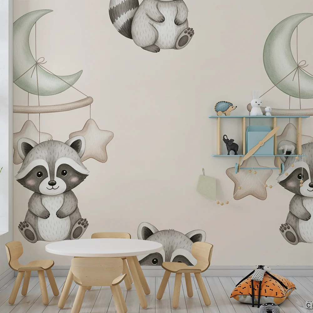 Papel de parede quarto bebê | Guaxinim e móvel estrelado