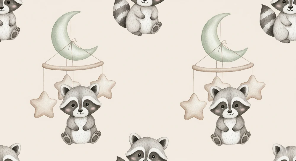 Papel de parede quarto bebê | Guaxinim e móvel estrelado