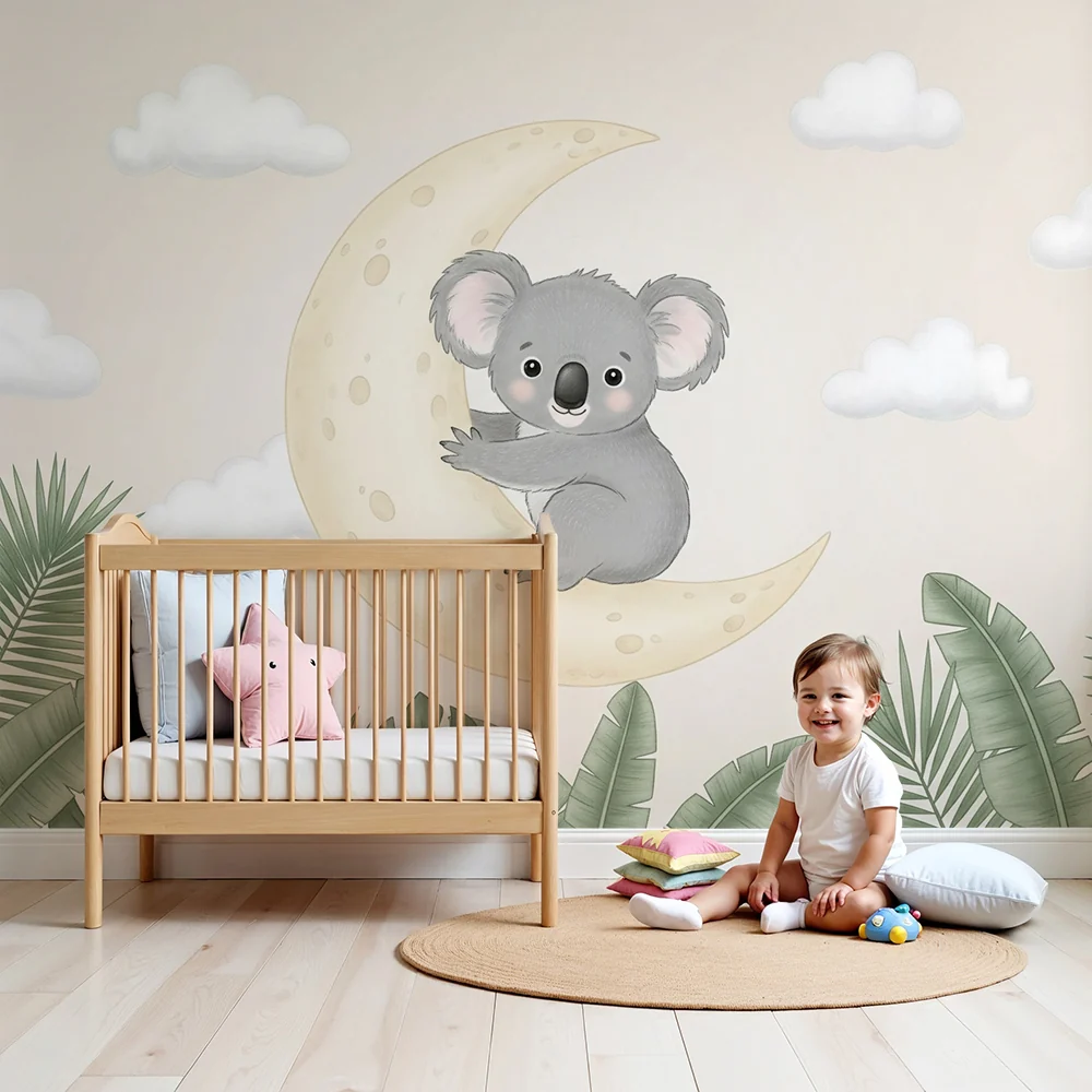 Papel de parede quarto bebê | Koala na lua e folhagem tropical