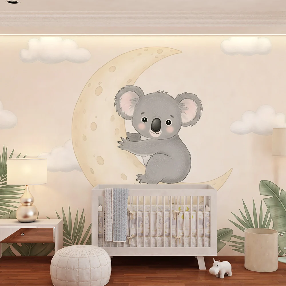Papel de parede quarto bebê | Koala na lua e folhagem tropical