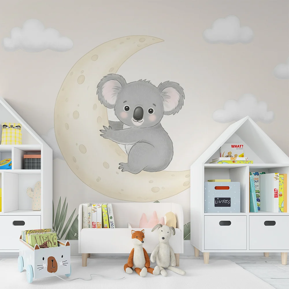 Papel de parede quarto bebê | Koala na lua e folhagem tropical