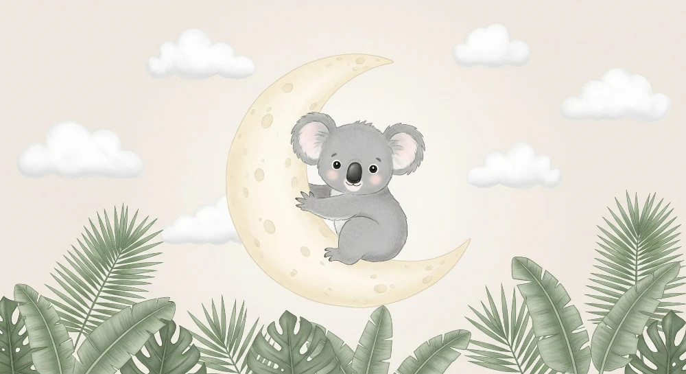 Papel de parede quarto bebê | Koala na lua e folhagem tropical