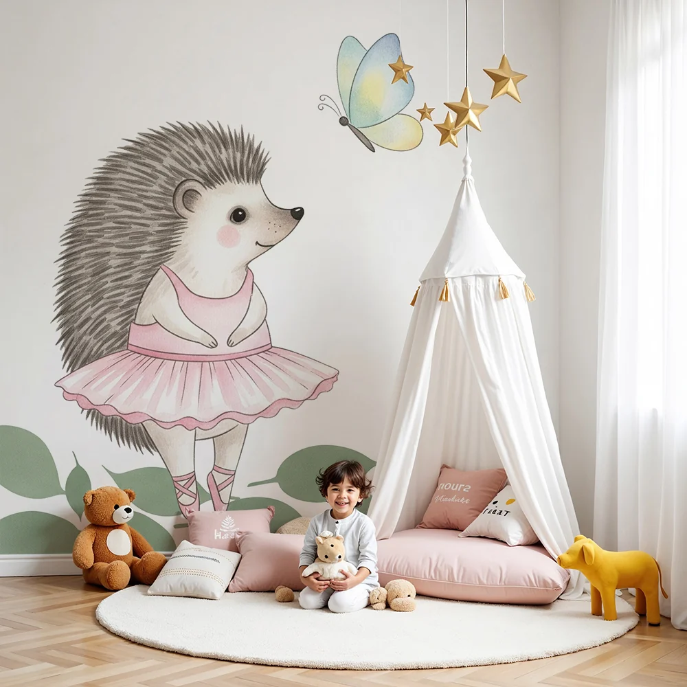 Papel de parede quarto bebê | Ouriço bailarina e borboleta