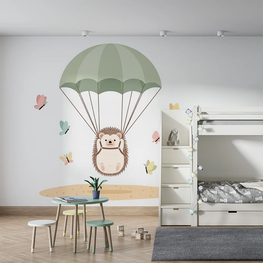 Papel de parede quarto bebê | Ouriço paraquedista com borboletas