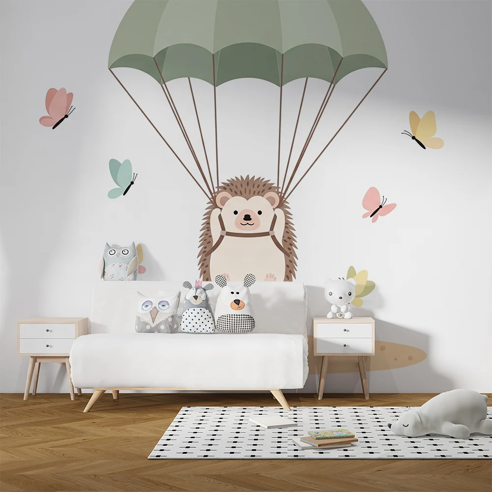 Papel de parede quarto bebê | Ouriço paraquedista com borboletas