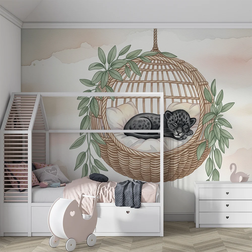 Papel de parede quarto bebê | Pequena leopardo dormindo em sua cesta em fundo pastel