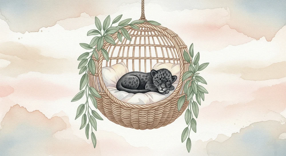 Papel de parede quarto bebê | Pequena leopardo dormindo em sua cesta em fundo pastel