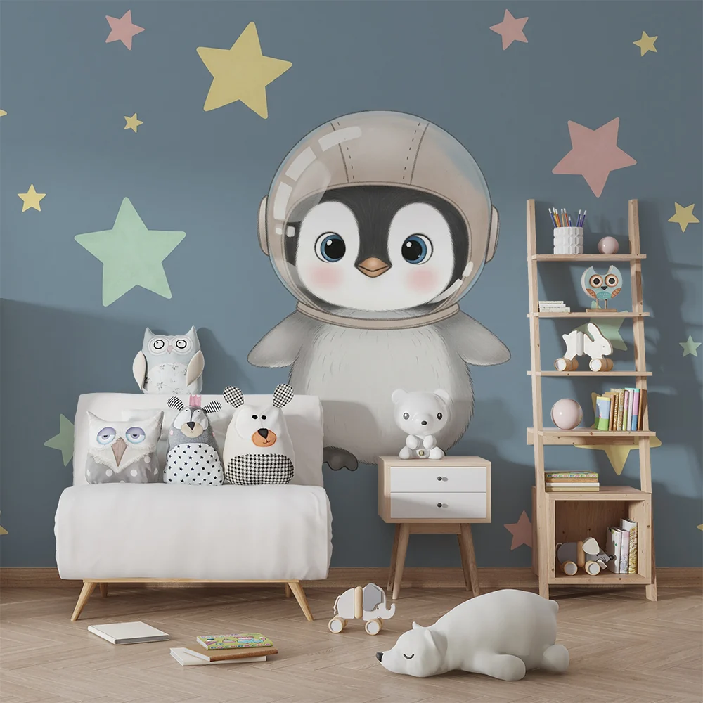 Papel de parede quarto bebê | Pequeno pinguim astronauta e estrelas coloridas