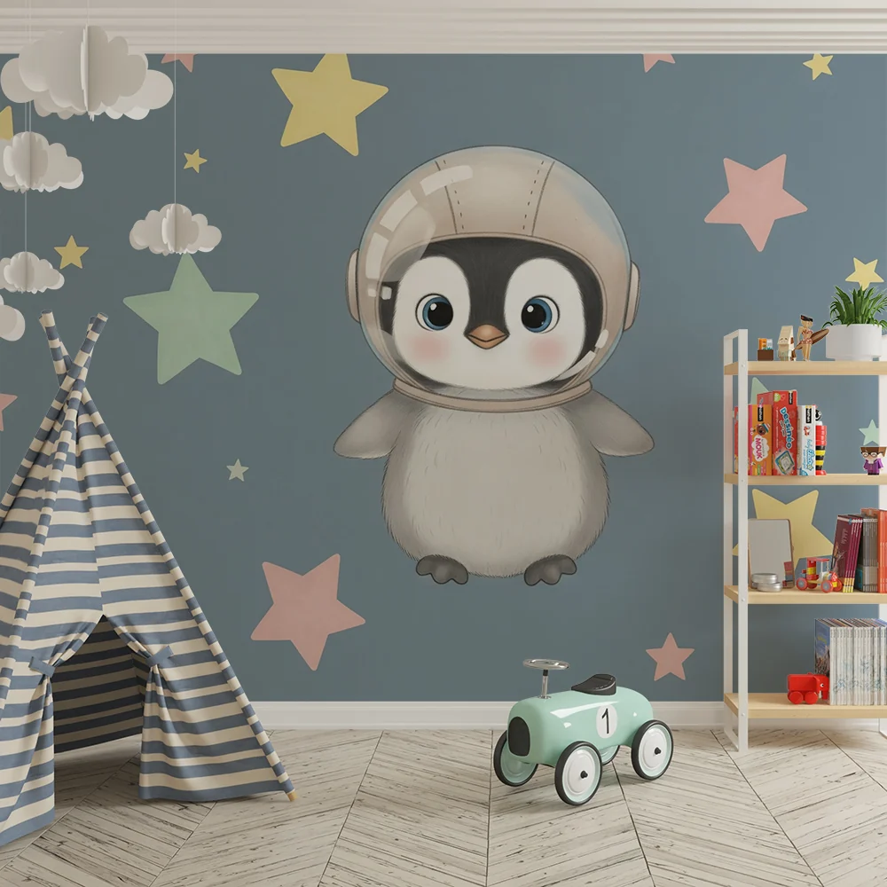 Papel de parede quarto bebê | Pequeno pinguim astronauta e estrelas coloridas