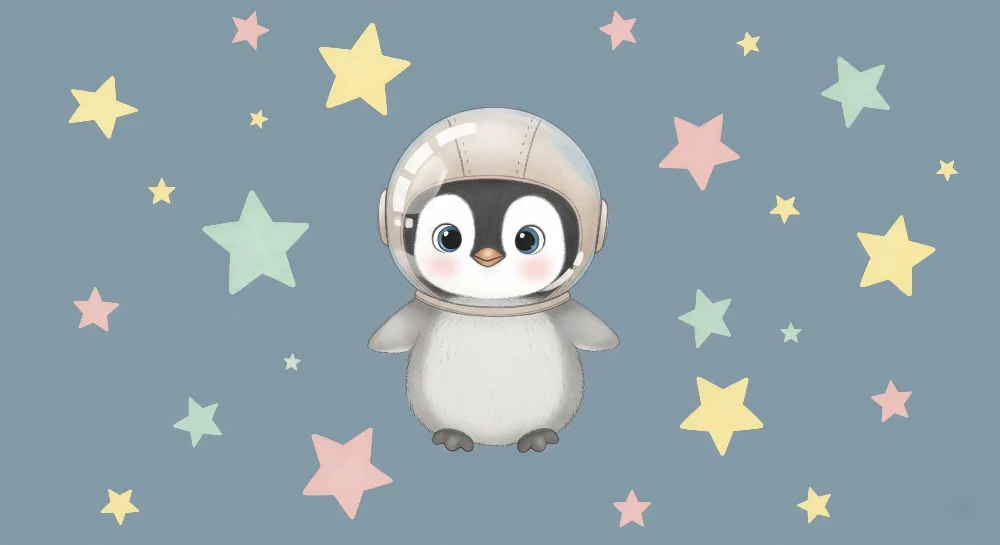 Papel de parede quarto bebê | Pequeno pinguim astronauta e estrelas coloridas
