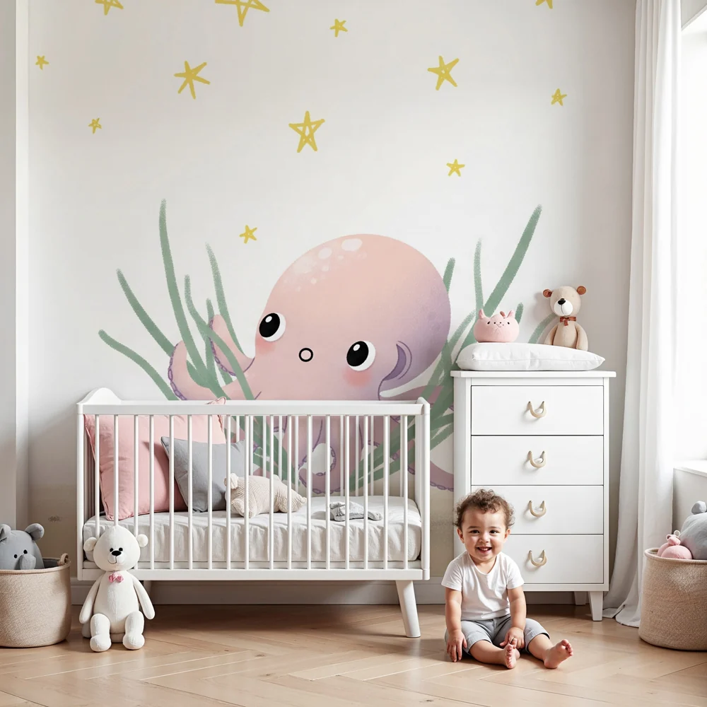 Papel de parede quarto bebê | Pequeno polvo e estrelas brilhantes
