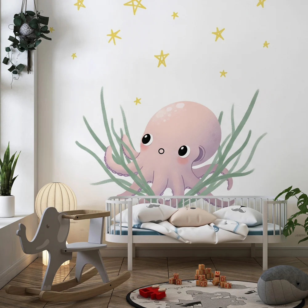 Papel de parede quarto bebê | Pequeno polvo e estrelas brilhantes